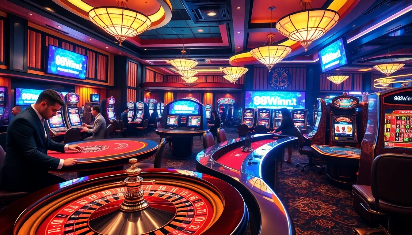 Engaging scene of players at tables and slot machines showcasing https://98winn.it.com/ casino experience.