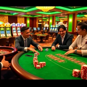 Experience the excitement of MM88 with a vibrant casino scene showcasing poker games and sparkling slot machines.