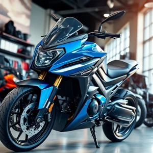 Découvrez la moto Motopaco innovante exposée dans un showroom dynamique rempli d’accessoires prêts pour l’aventure.