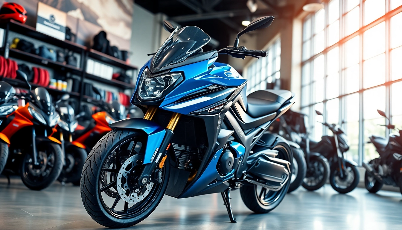 Découvrez la moto Motopaco innovante exposée dans un showroom dynamique rempli d’accessoires prêts pour l’aventure.