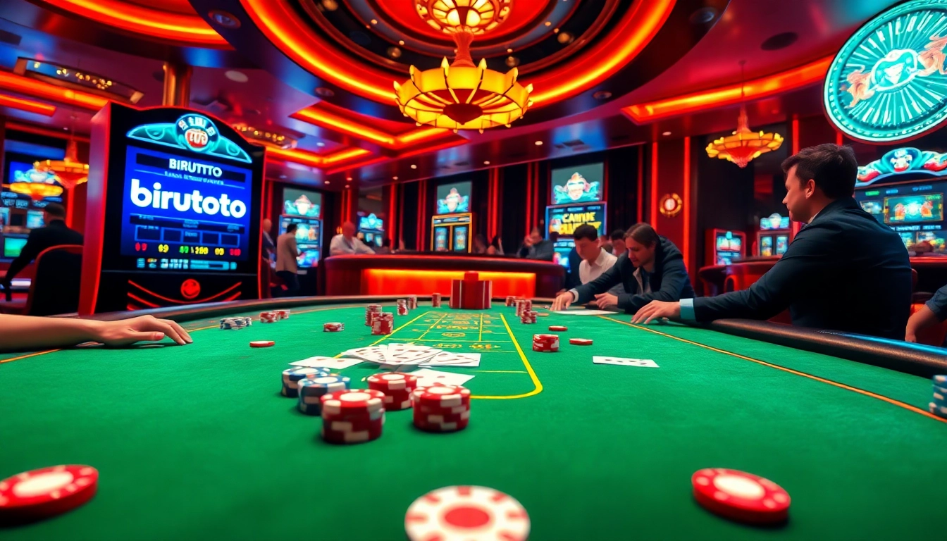 Experience the thrill of birutoto in this vibrant casino scene filled with poker chips and slot machines.