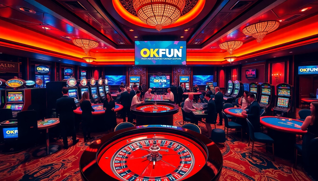 Exciting casino atmosphere featuring OKFUN with roulette tables, dealers, and vibrant slot machines.