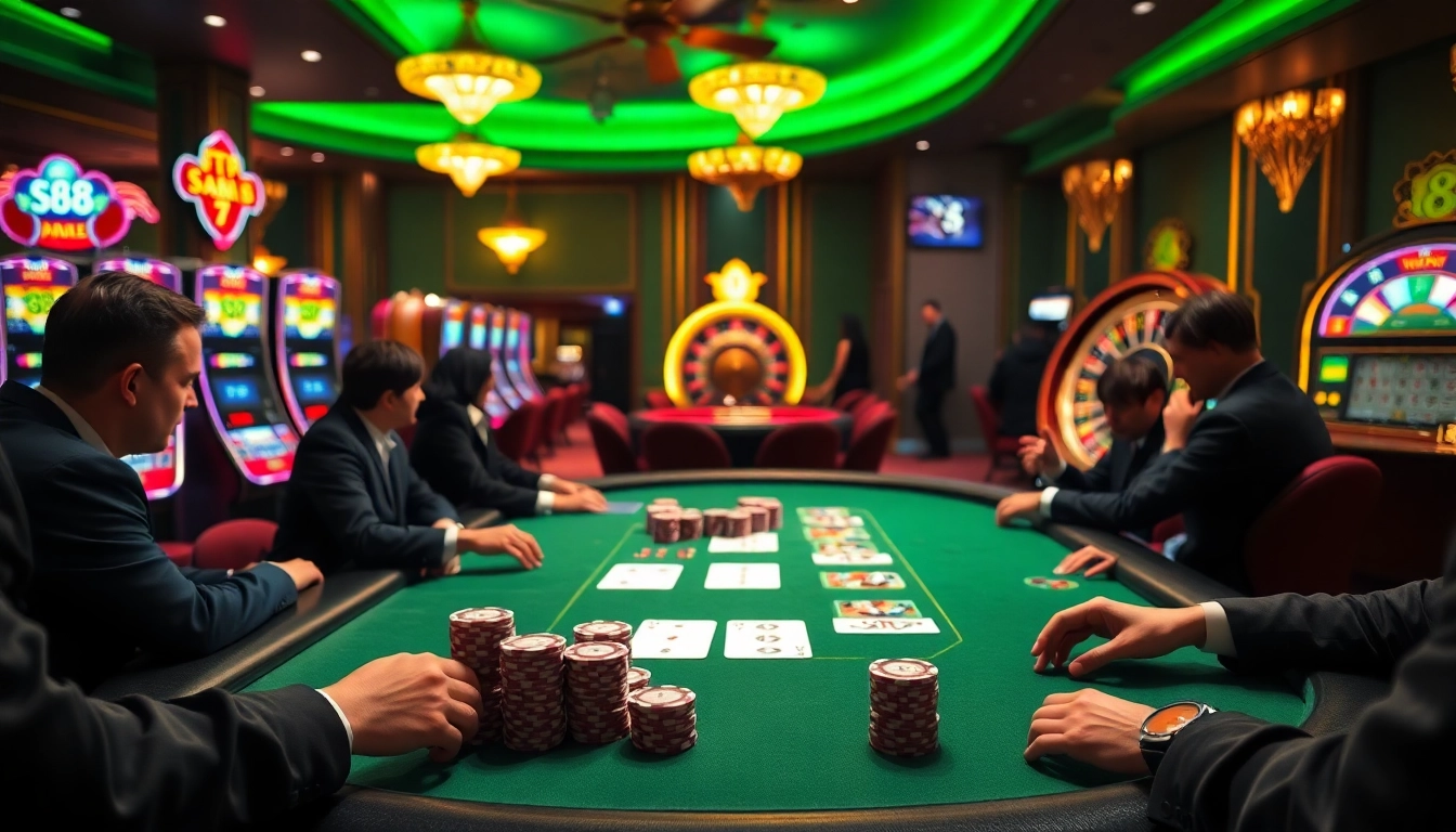 S8 poker players strategizing at a vibrant casino table amidst a luxurious gambling atmosphere.