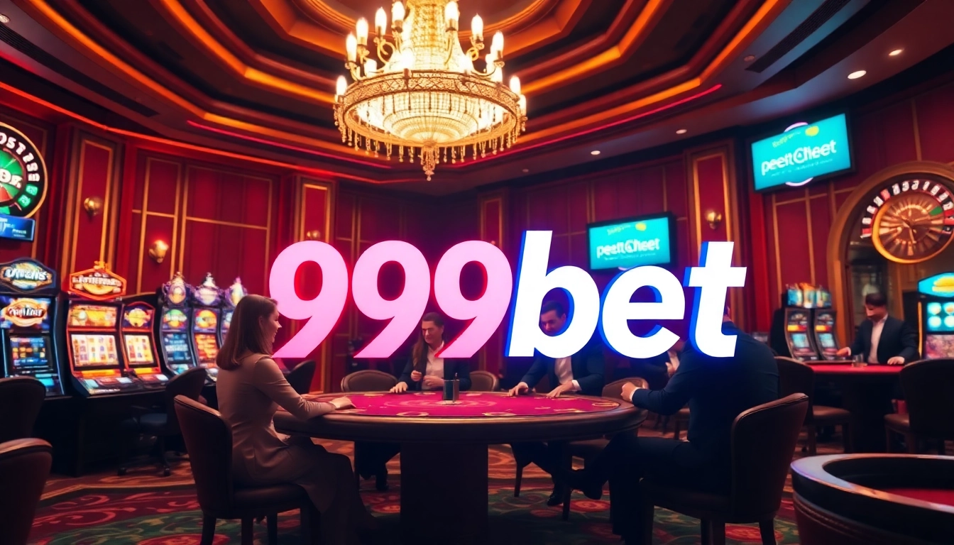 Excited gamblers enjoying games at a luxurious casino featuring the 999bet logo.