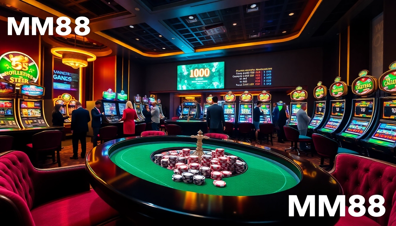Engaging casino scene with MM88 elements, showcasing luxury gaming, roulette, and vibrant players.