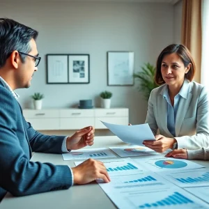 Consulente professionale che discute della Legge 3 e dello sovraindebitamento in un ufficio moderno.