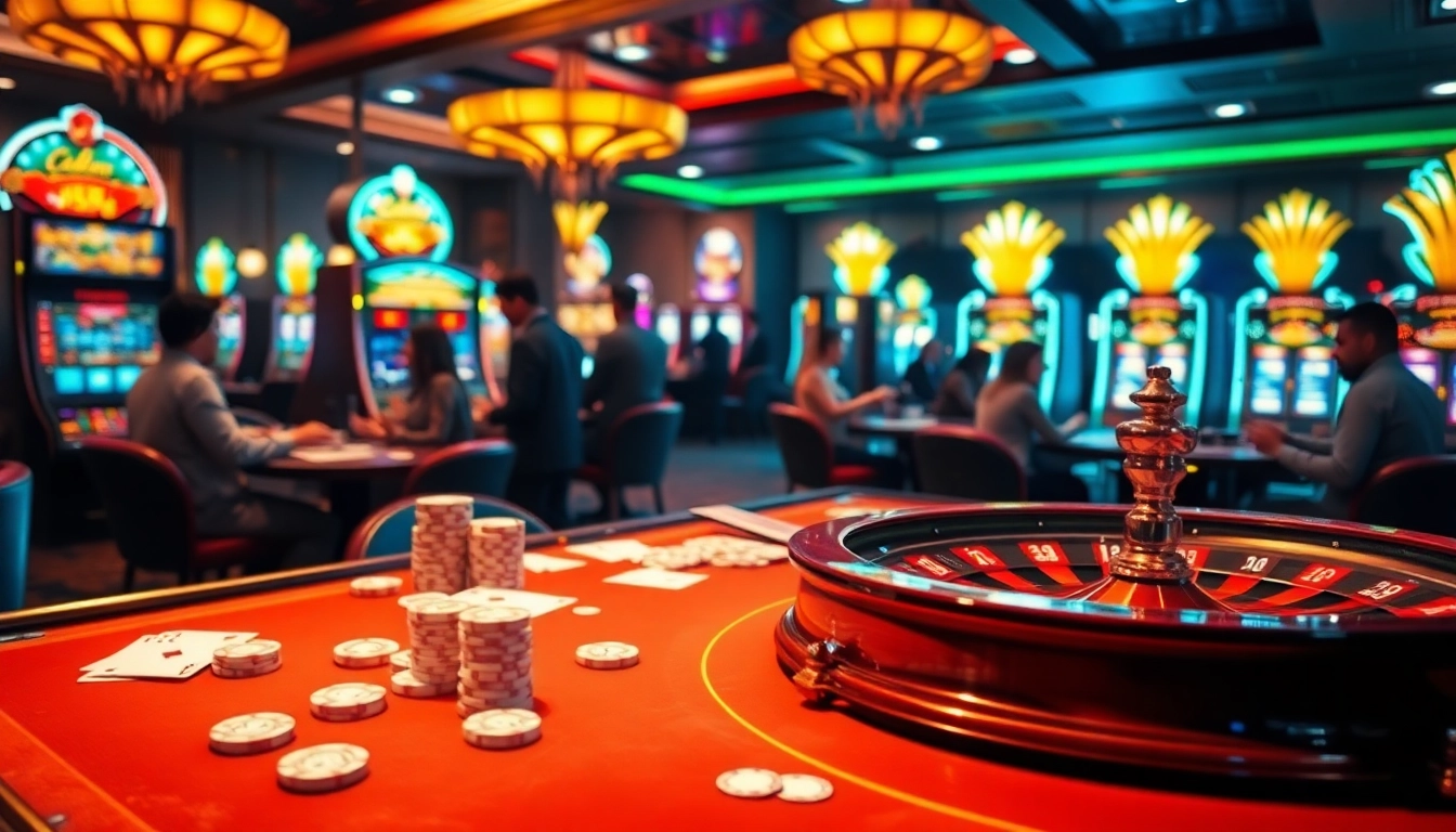 Engaging gamblers at https://win79sr.com/ with a vibrant casino atmosphere featuring poker and roulette.