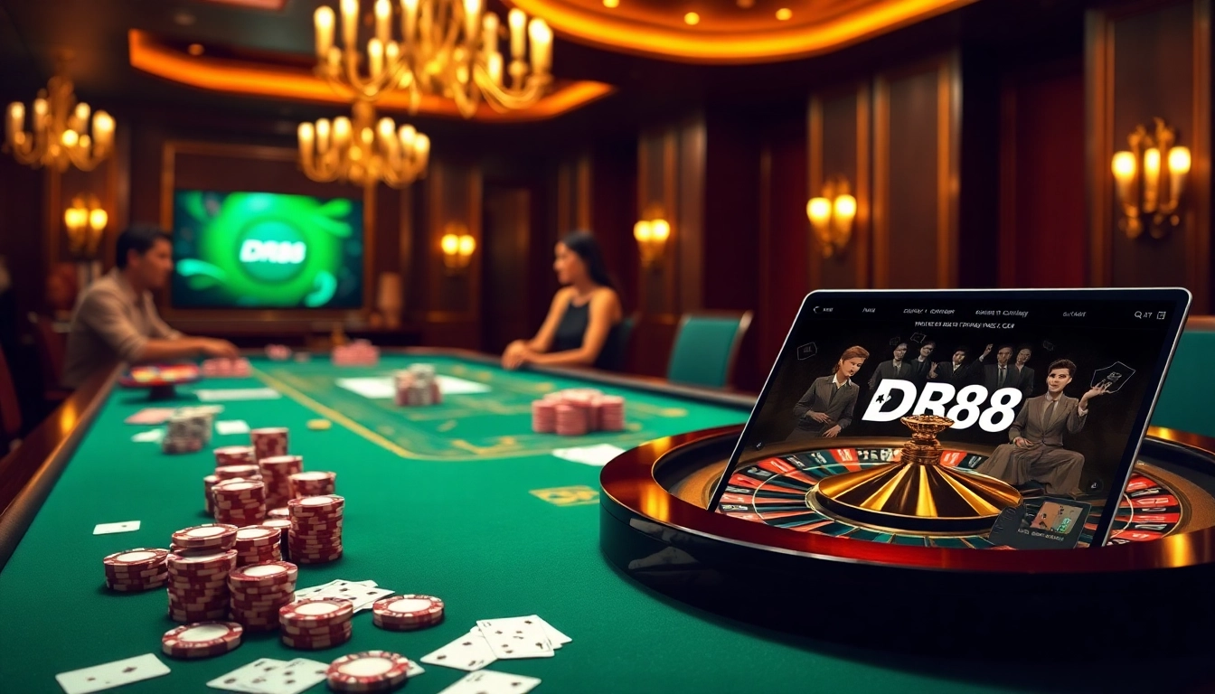 Exciting gaming scene featuring DR88's online casino interface with poker chips and a roulette wheel.