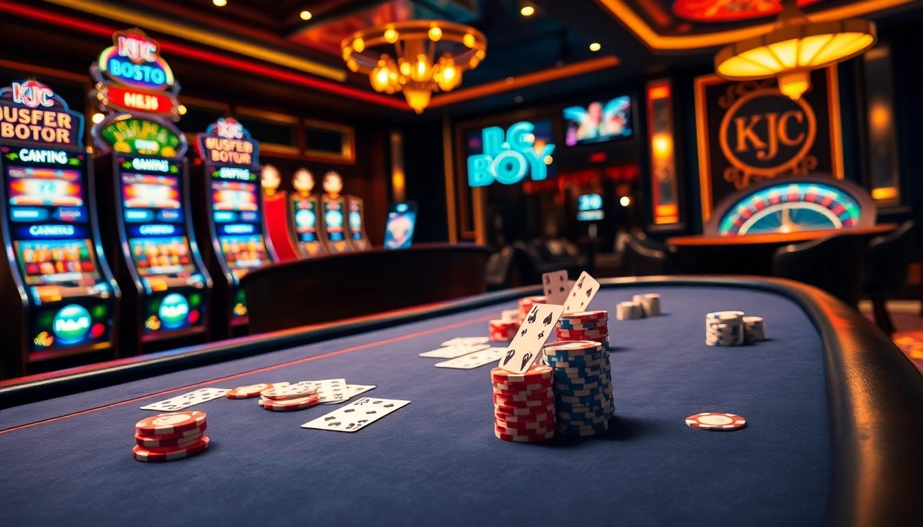 KJC poker table scene showcasing vibrant chips and cards in an upscale casino atmosphere.