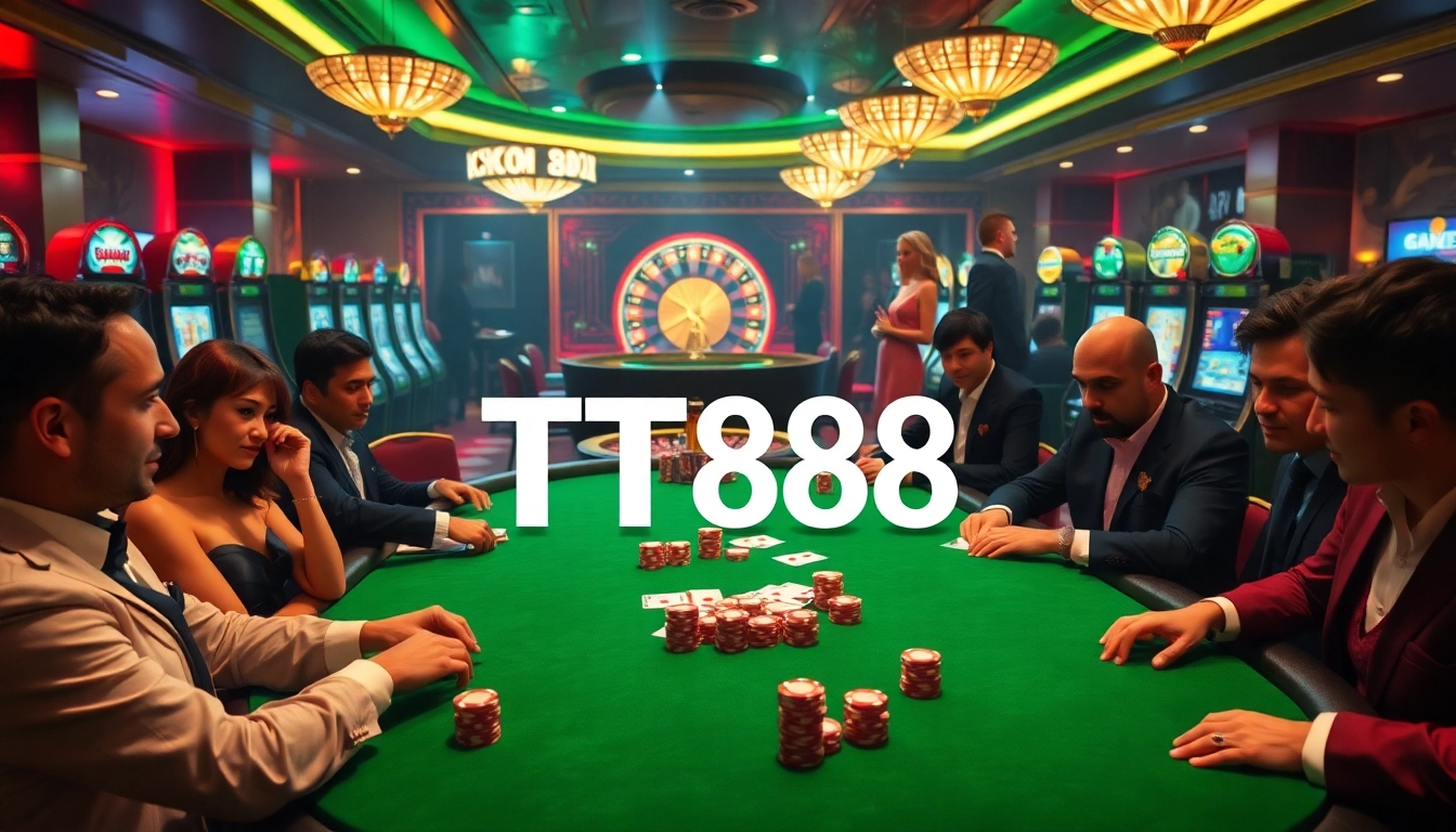Experience thrilling gameplay at TT88 with a vibrant casino scene featuring poker tables and slot machines