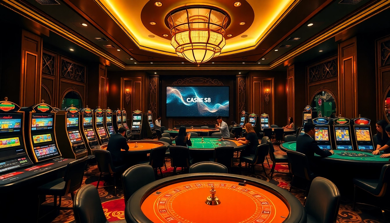 Experience the thrill of winning at Trang chủ S8 in a luxurious casino setting with vibrant tables and slot machines.