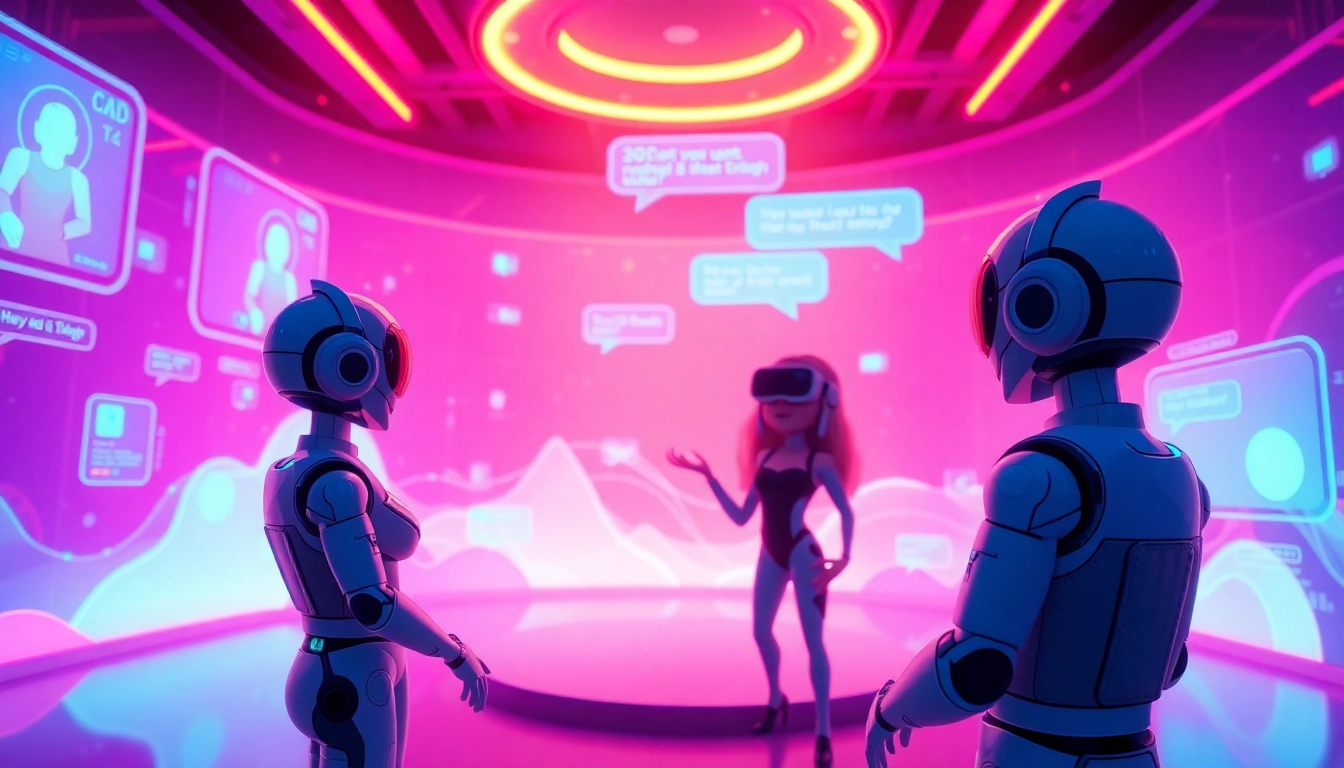 Engaging scene of ai sex chat with playful AI chatbots in a vibrant digital space.