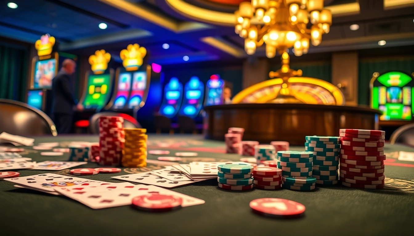 Experience the excitement of gaming at https://sky88.sa.com/ with vibrant cards and poker chips spread across an elegant casino table.