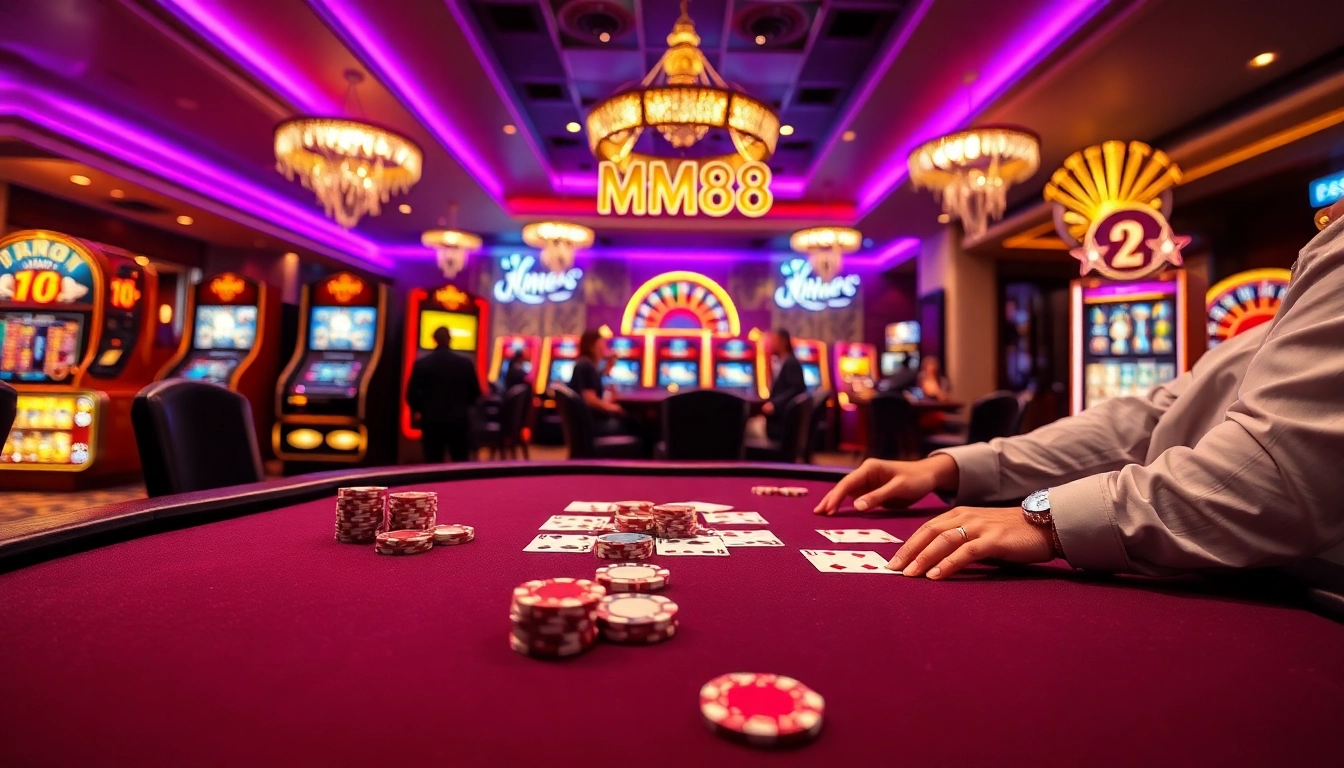 Players at an MM88 poker table strategizing in a luxurious casino atmosphere.
