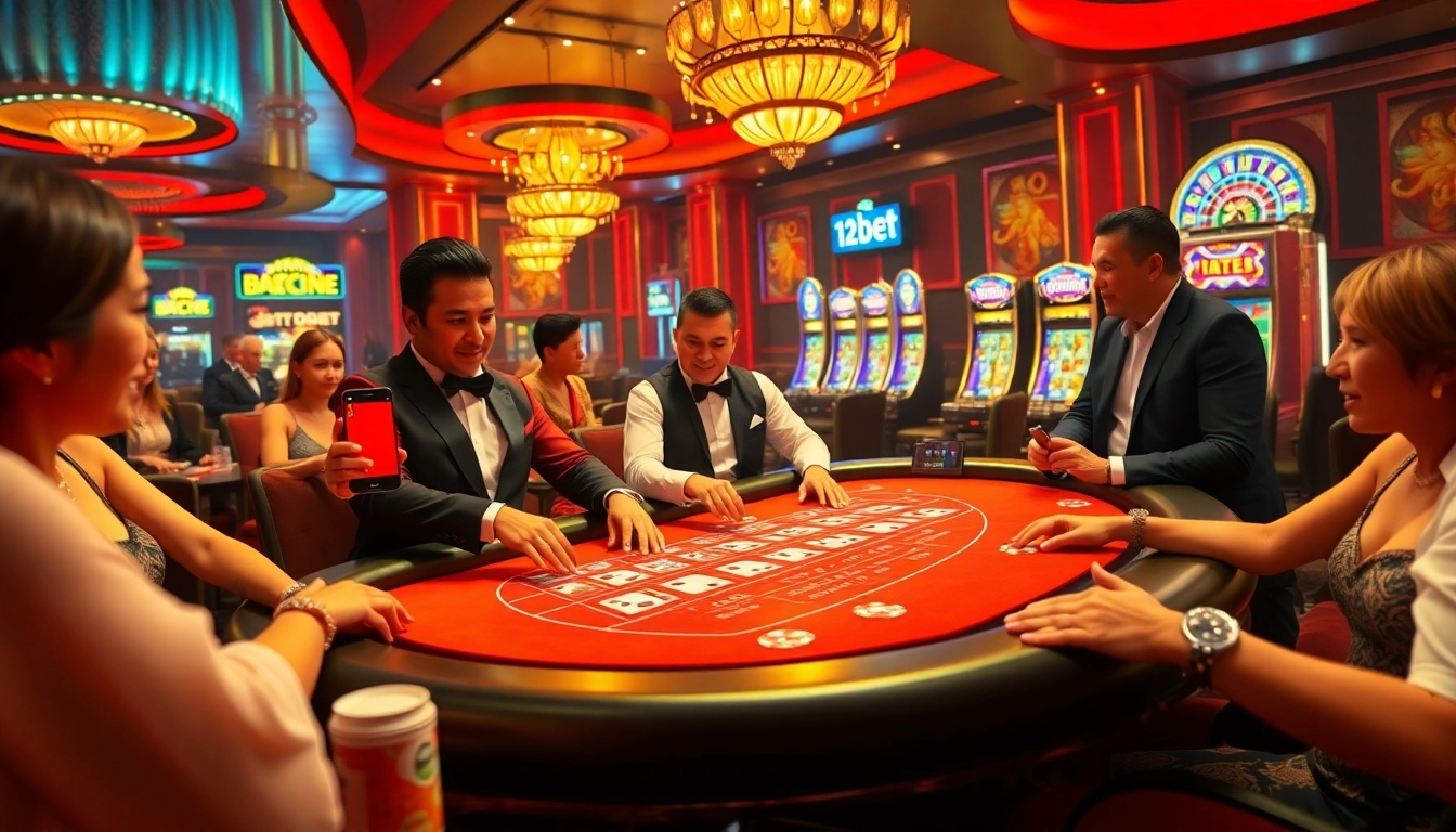 Players excitedly engage with 12bet in a vibrant casino scene featuring Baccarat, poker chips, and slot machines.