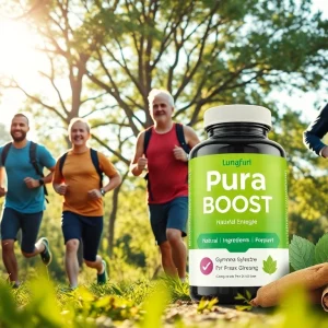 Pura Boost energizing supplement bottle among vibrant outdoor activity, promoting vitality and male health.