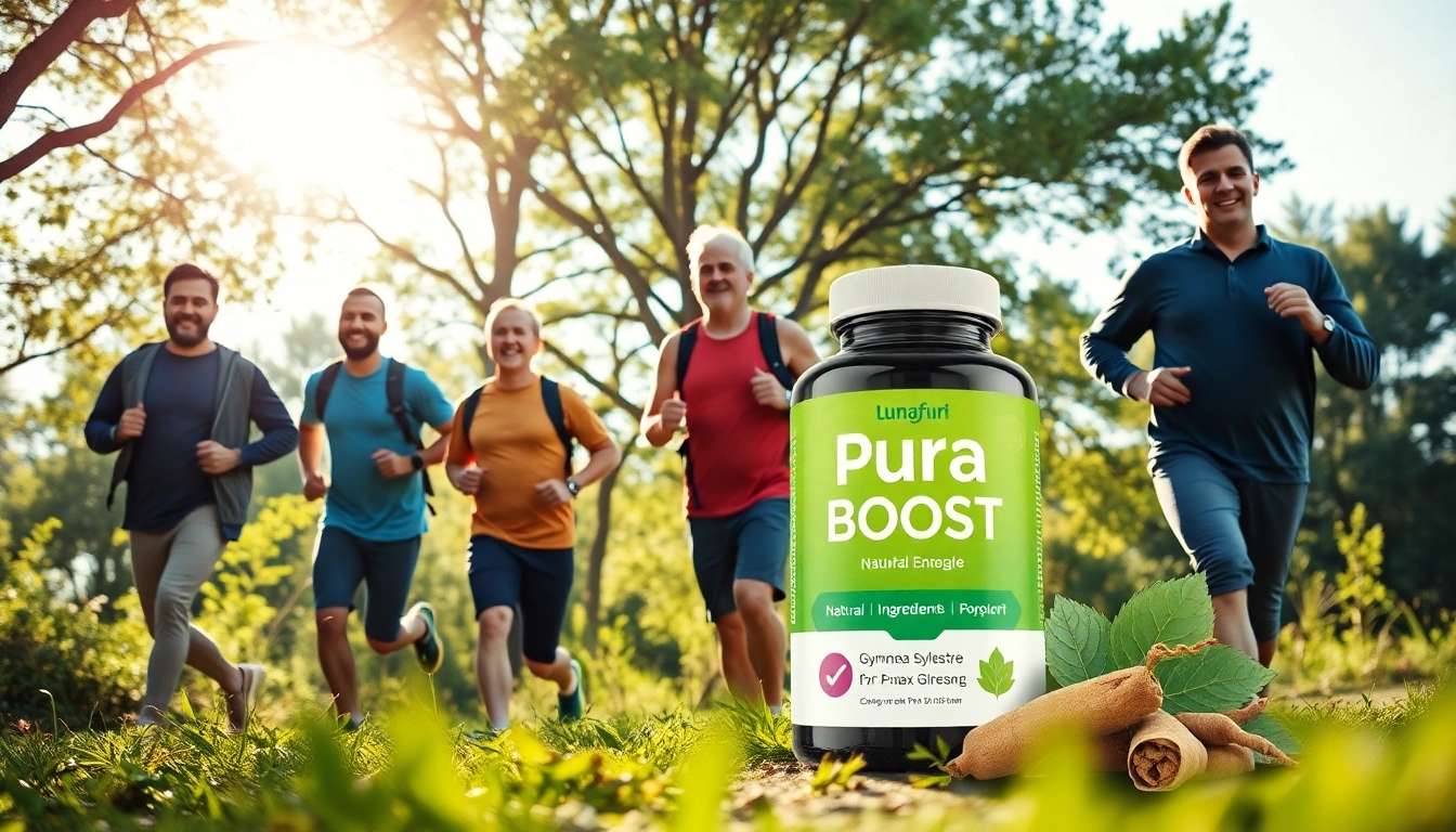 Pura Boost energizing supplement bottle among vibrant outdoor activity, promoting vitality and male health.