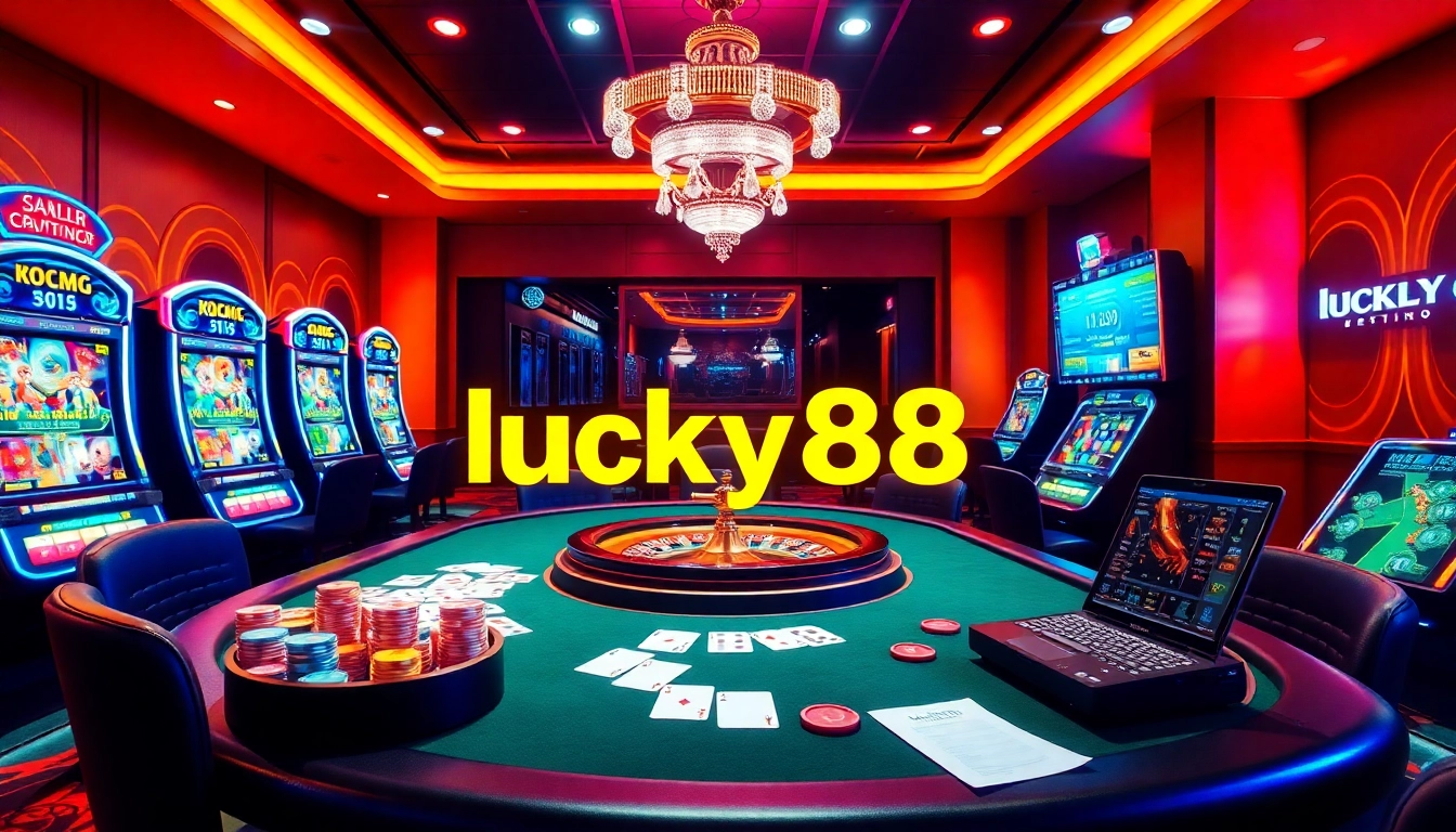 Exciting gambling scene highlighting lucky88 with poker chips, a roulette table, and vibrant visuals.