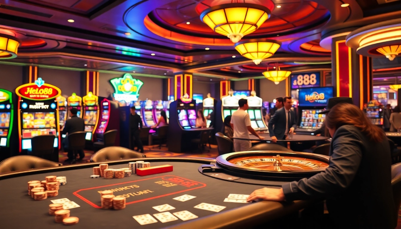Excited gamblers engage with table games showcasing Hello88's vibrant casino experience.