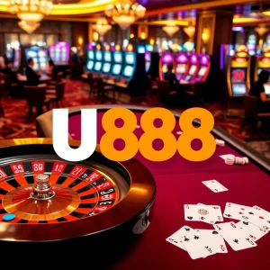 Experience the thrill of winning at U888 with a vibrant casino scene featuring roulette and poker games.