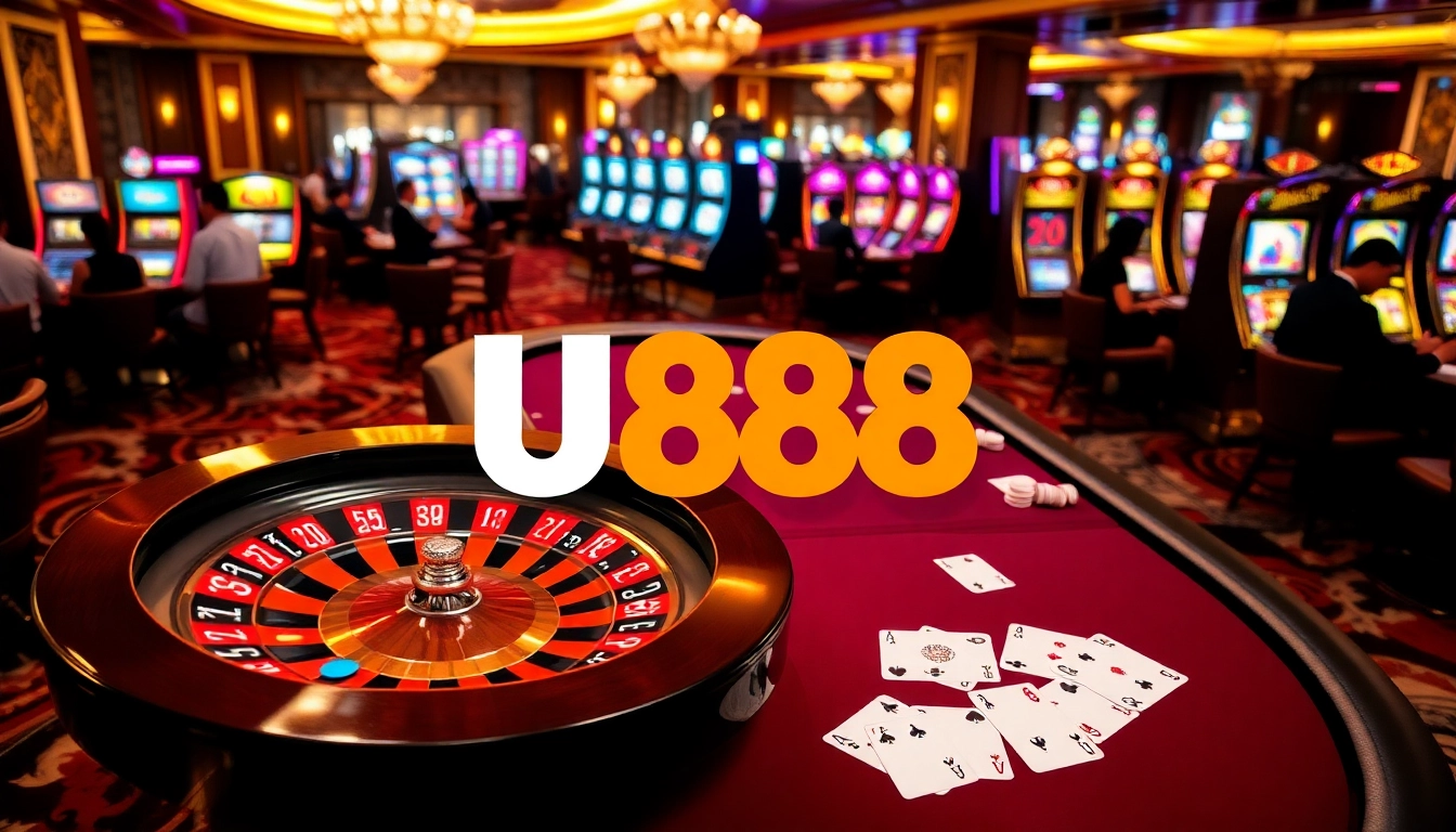 Experience the thrill of winning at U888 with a vibrant casino scene featuring roulette and poker games.