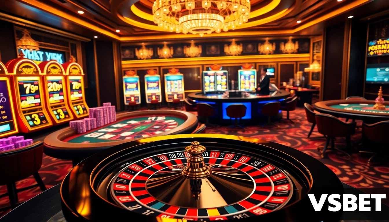Experience the excitement of VSBET with a vibrant casino scene featuring roulette, poker, and slot machines.