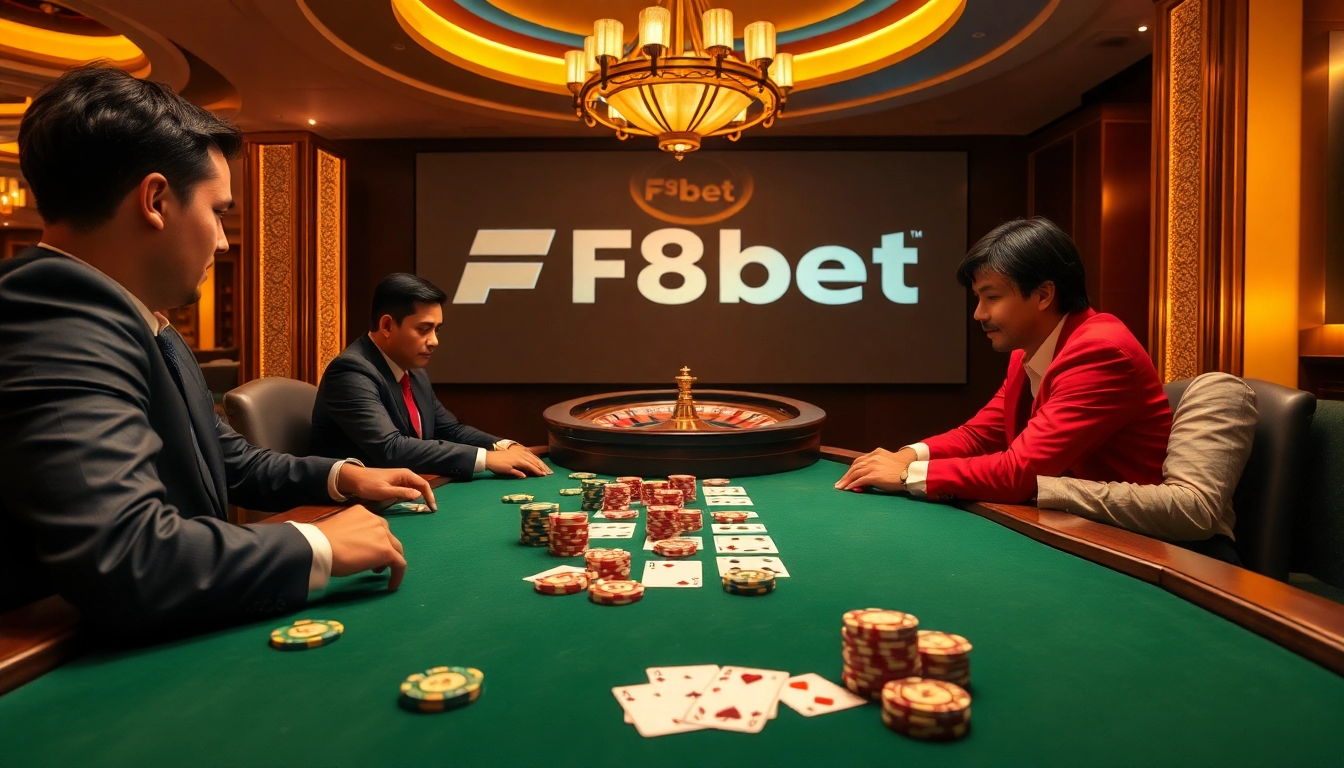 Exciting poker action at F8bet.bargains casino, showcasing colorful chips and players in luxury attire.