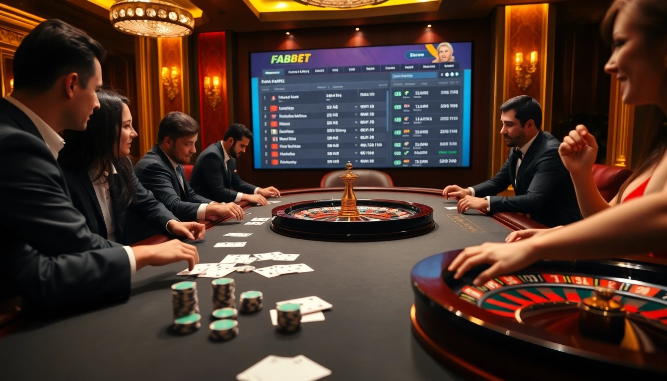 FABET showcases an elegant gambling scene with engaged players at a poker table and roulette.