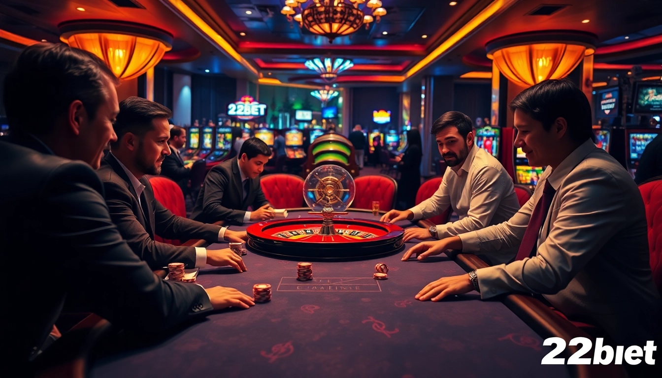 Gamblers engaging intensely with poker chips at a 22bet casino table showcasing excitement and sophistication.