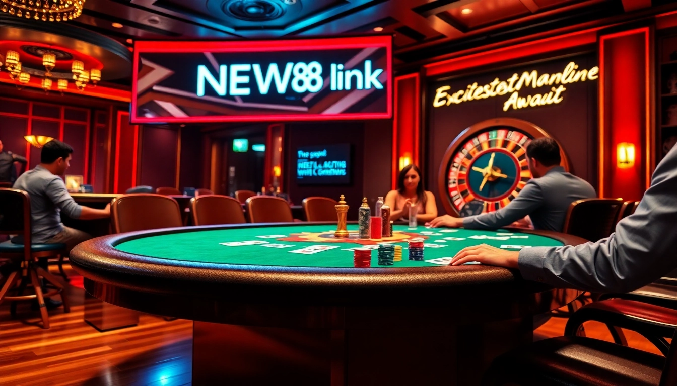 Excited players engaging at a poker table with the NEW88 link in a vibrant casino setting.