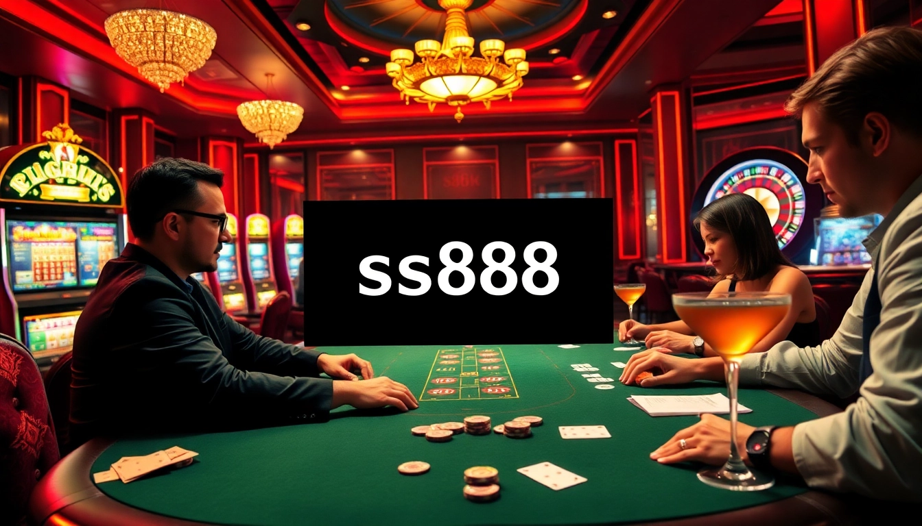 Experience thrilling moments in a high-stakes casino, showcasing poker players and vibrant slot machines linked to https://s88.works/.
