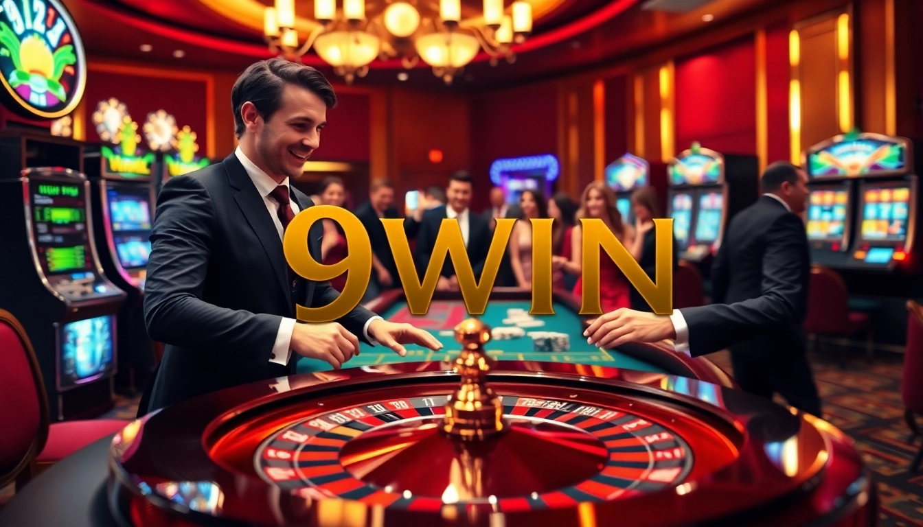 Experience the excitement of 9WIN with players engaging at a vibrant casino table, showcasing thrilling gambling action.