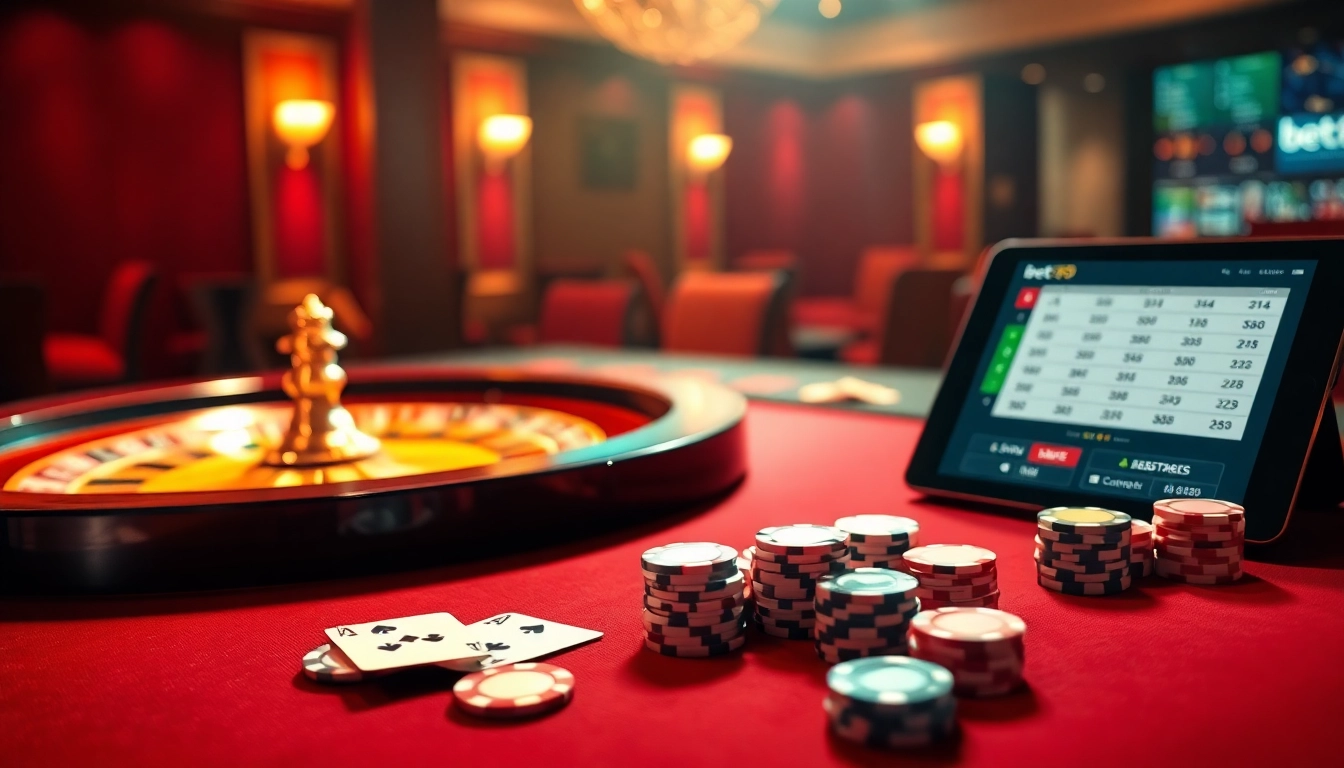 Experience the thrill of bet789 at a vibrant casino table filled with poker chips and cards.