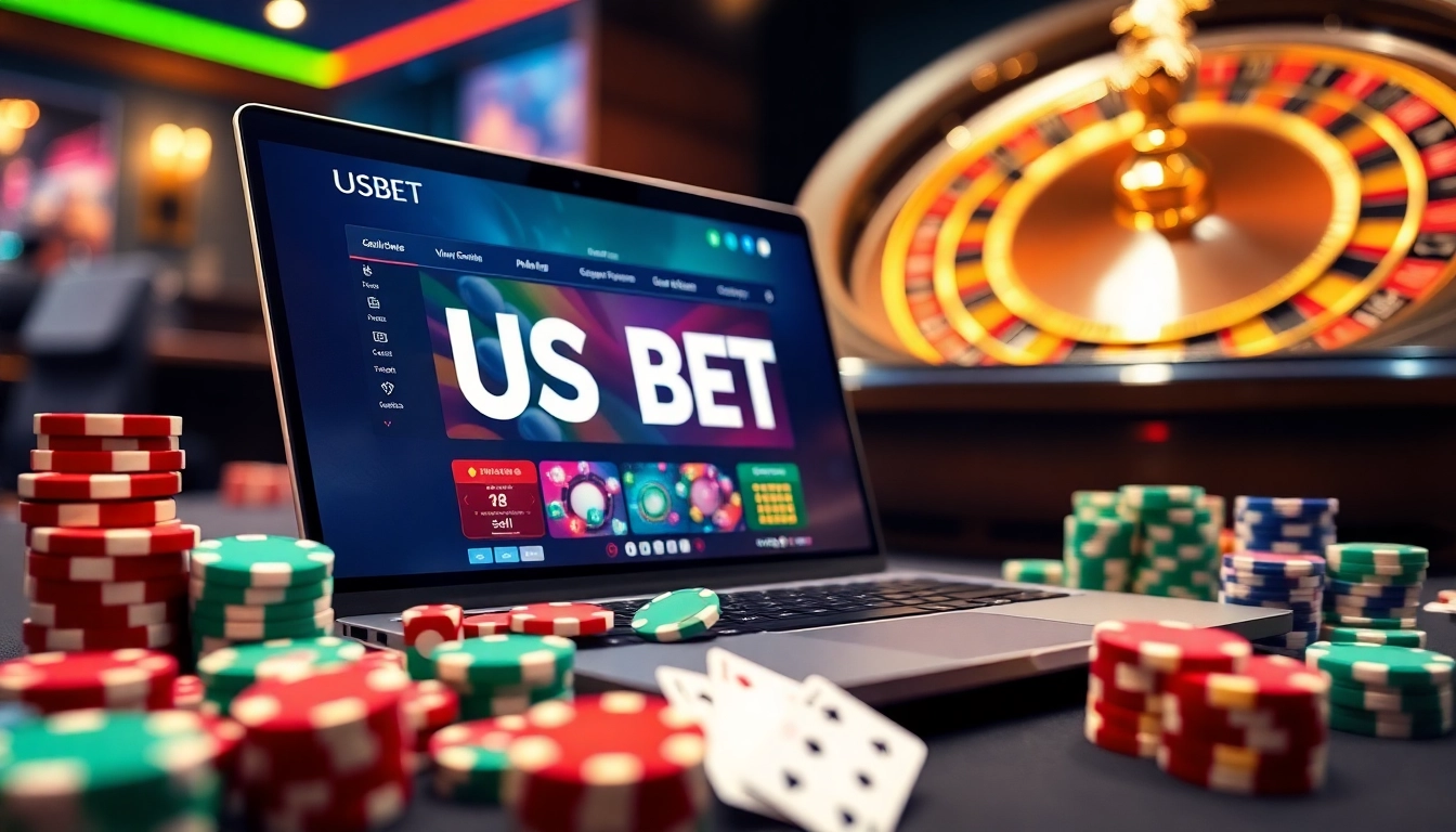 Enjoying an exciting game of poker while gambling online with usbet on a luxurious laptop.