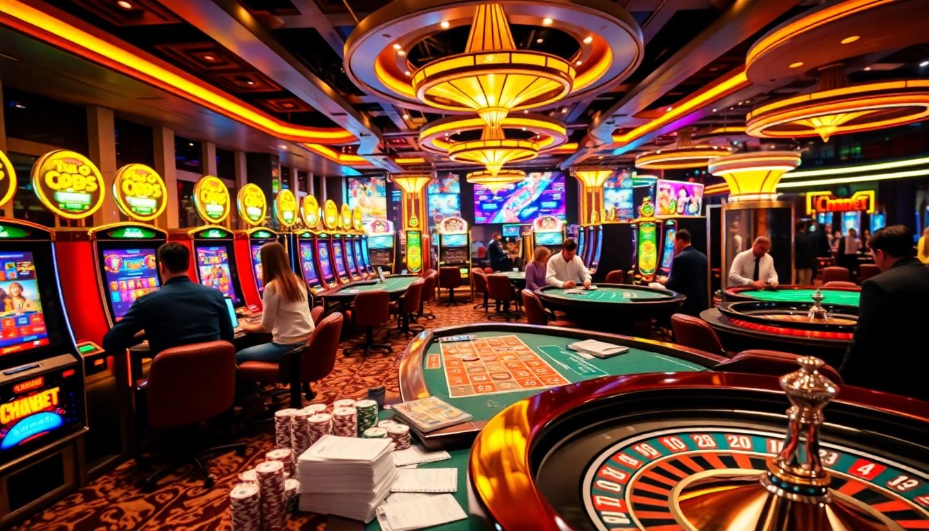 Engaging gamblers at THABET casino, featuring vibrant slot machines and poker tables.