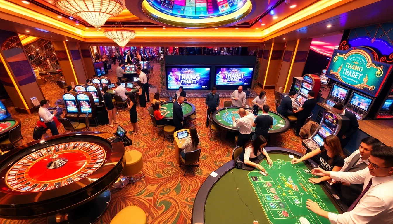 Engaging scene with players at Trang chủ Thabet gaming floor tables and slot machines, highlighting casino excitement.