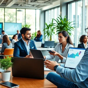 Business professionals collaborating with Logo Tiger Wings ERP in a modern office.