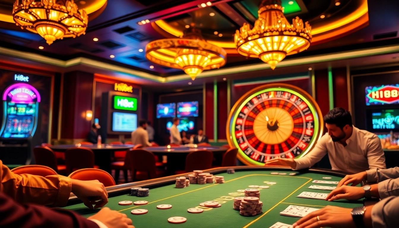 Excited players engaging in a poker game at Hi88bet luxury casino with chips and cards.