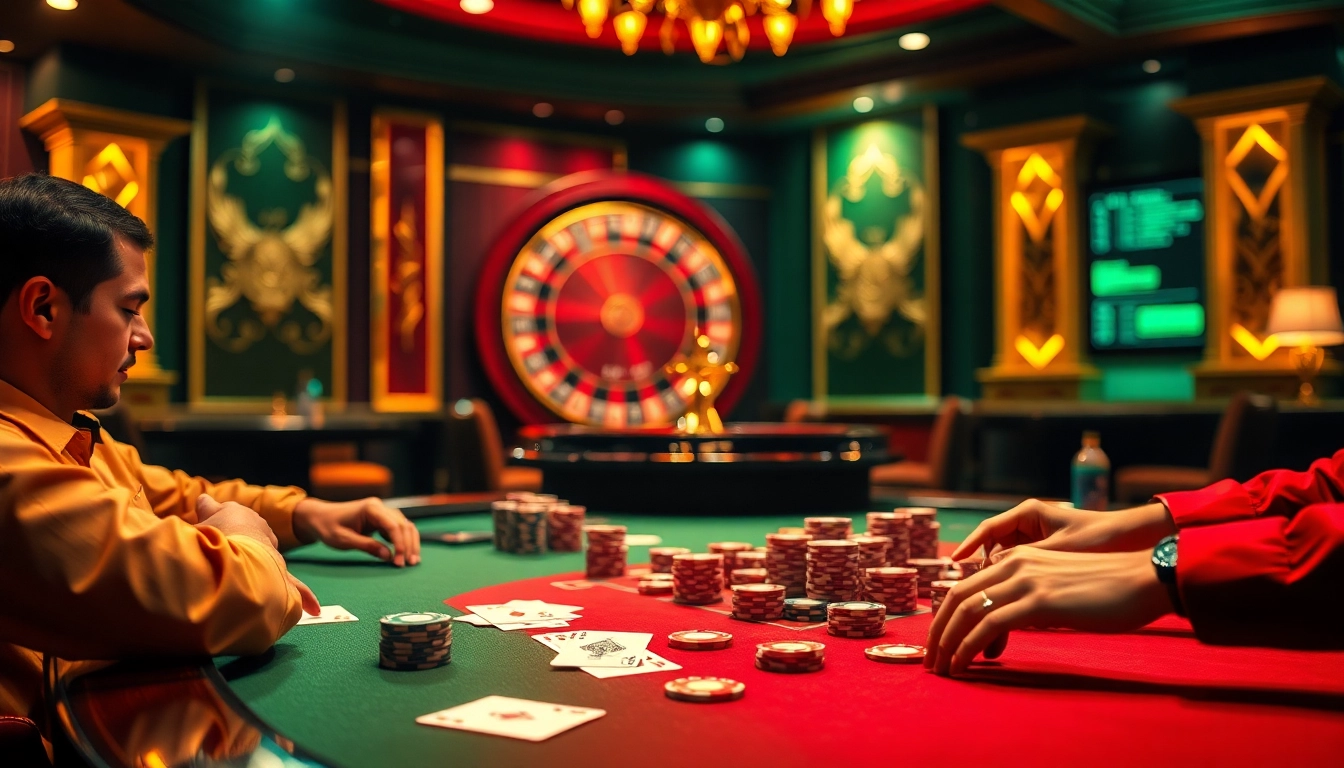 Engaging scene of the Nhà cái F8BET casino with poker action and roulette wheel.