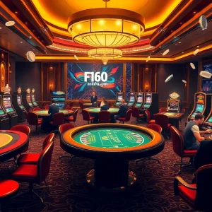 Engaged players celebrating wins at f168info.com online casino, featuring elegant tables and vibrant slot machines.