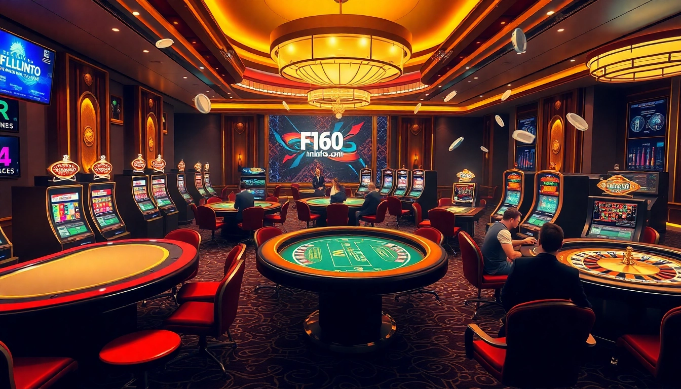 Engaged players celebrating wins at f168info.com online casino, featuring elegant tables and vibrant slot machines.