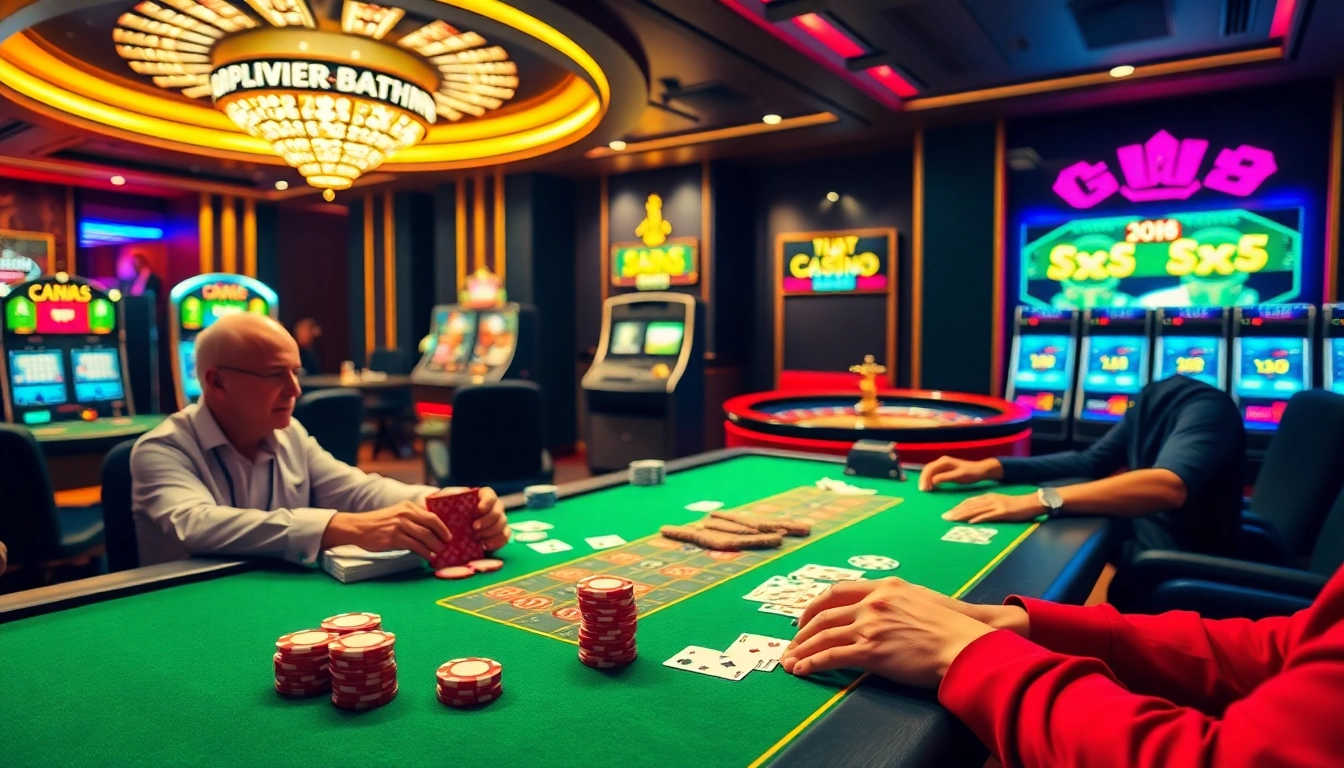 Engaging players at Go8 casino, surrounded by poker chips and a spinning roulette wheel.