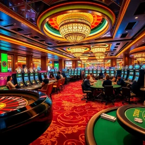 Experience luxury gaming at https://vnew88.vip/ featuring bustling tables and vibrant slot machines.