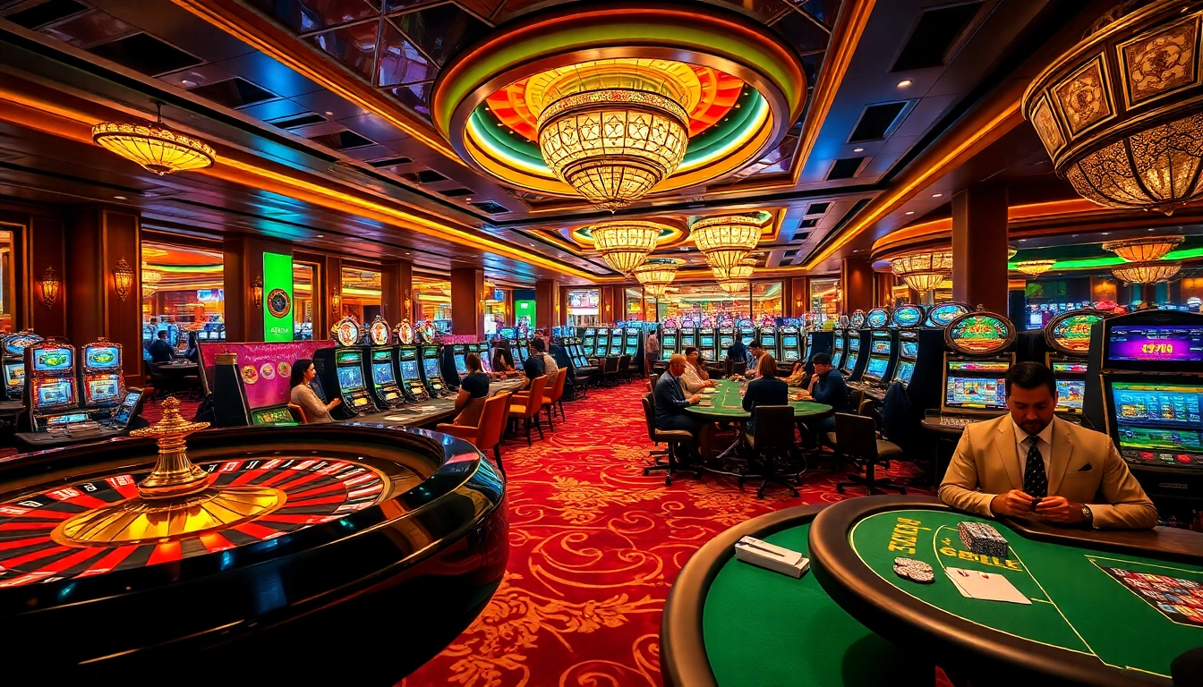 Experience luxury gaming at https://vnew88.vip/ featuring bustling tables and vibrant slot machines.