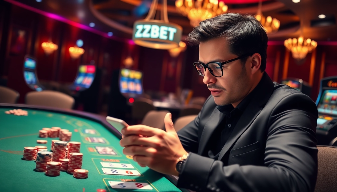 Zbet game interface showcasing a vibrant online casino experience with polished tables and eager players.