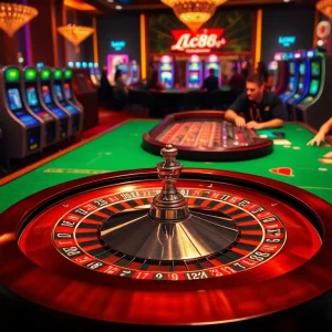 Experience the excitement of Lc88 with poker chips and a roulette wheel in a glamorous casino setting.
