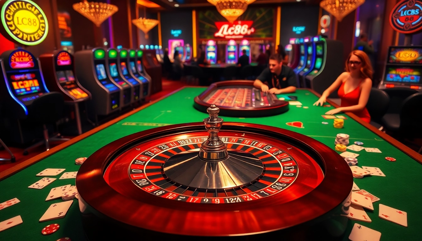 Experience the excitement of Lc88 with poker chips and a roulette wheel in a glamorous casino setting.