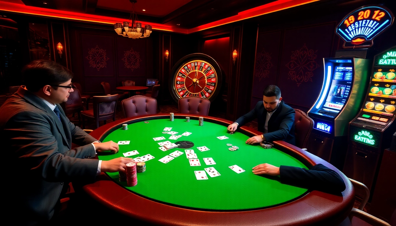 Engage in thrilling poker action at https://king88b.us.com/ casino with vibrant gaming tables and roulette wheel.