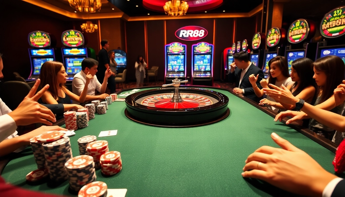 Exciting gamblers at a luxurious RR88 casino scene featuring roulette, chips, and cards.