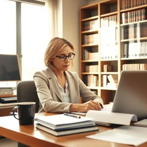 Sworn translator working diligently in a modern office, illustrating expertise in legal document translation.